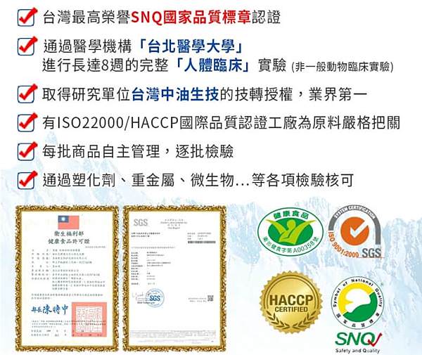 榮獲 SNQ 國家品質標章、台灣中油生技授權等
